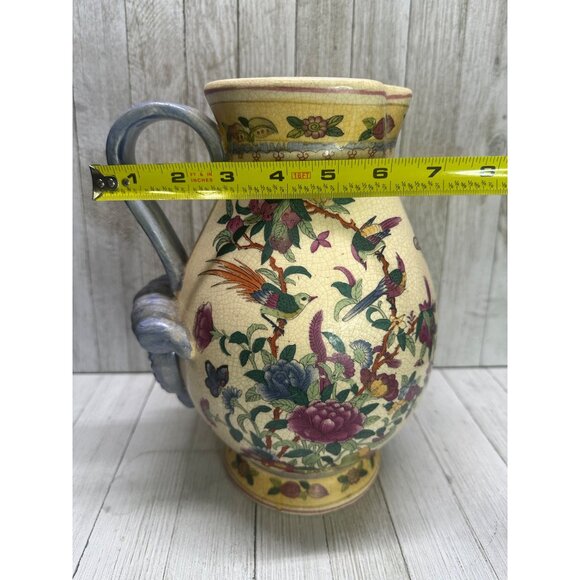 Vtg Chinese Tropical Birds and Floral Decor Pitcher Ceramic with Handle 10" Tall - Picture 10 of 12